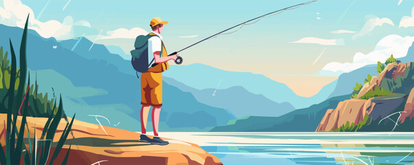 Naklejka premium Man with a fishing rod and outdoor vest, flat portrait, vector illustration.