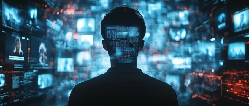 Panoramic visualization of a person's online identity being hijacked and manipulated by AI-powered impersonation
