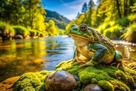 Vibrant green Colorado River toad perches on a moss-covered rock near a serene riverbank, surrounded by lush vegetation