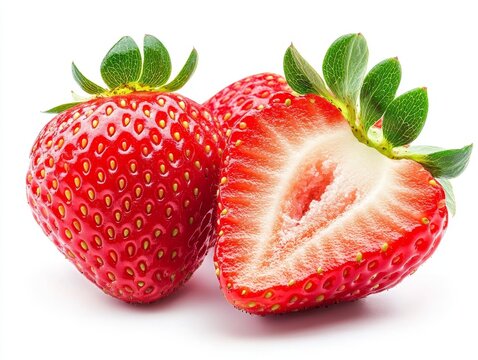 Strawberries isolated. Strawberry slice and whole on white background.