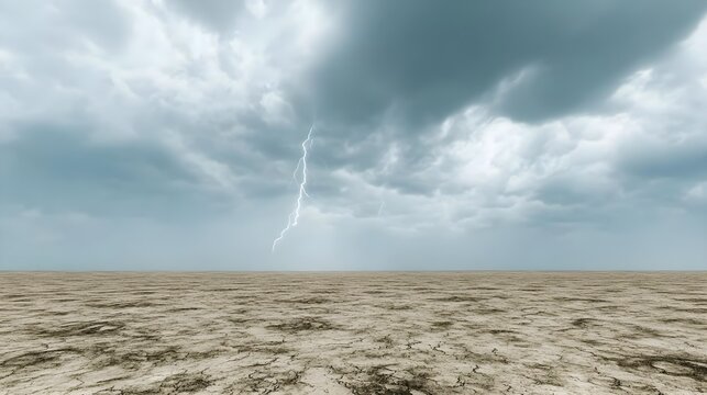 A dramatic landscape featuring lightning striking over a barren terrain, with dark storm clouds gathering in the sky.