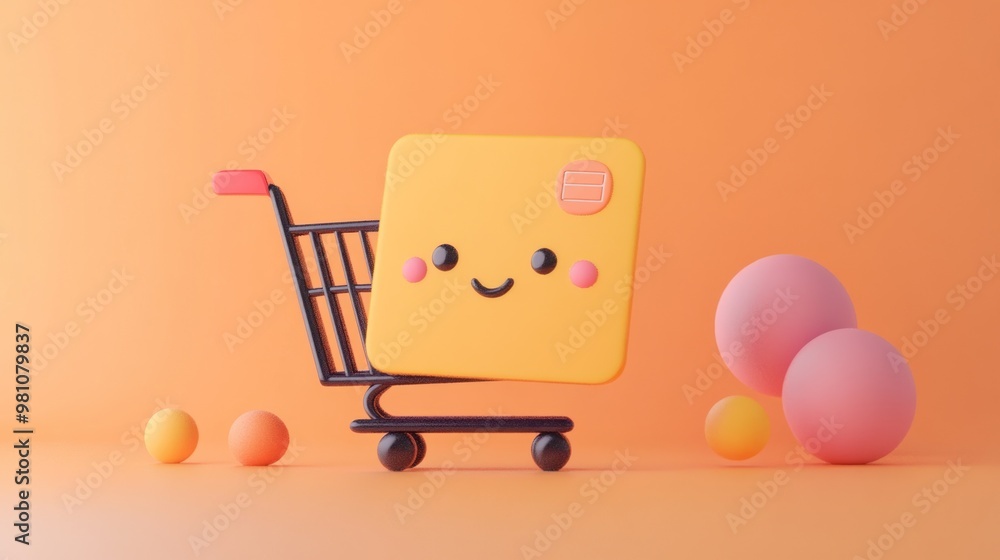 Poster a cheerful shopping cart with a smiling square character and colorful spheres.