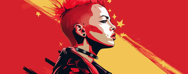 Punk rock portrait with edgy features and rebellious elements, flat portrait, vector illustration.