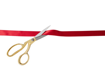 Grand opening, ribbon cut, gold scissors and red satin ribbon isolated on white, transparent