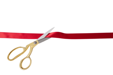 Grand opening, ribbon cut, gold scissors and red satin ribbon isolated on white, transparent