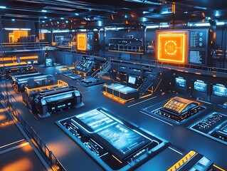 Futuristic Aerial View of Sleek and Modernized Warehouse with Advanced Robotics and Holographic Displays
