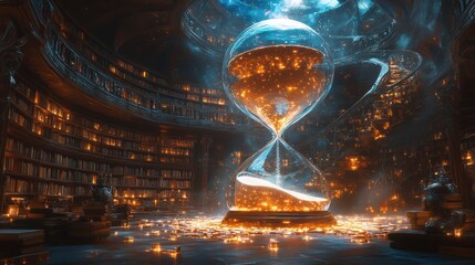 Magical Library with Endless Spiral Bookshelves, Floating Glowing Books, and Hourglass