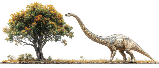 Obraz premium A majestic dinosaur approaches a vibrant tree, blending nature and prehistoric life in a stunning landscape.