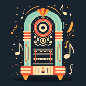 Retro jukebox with musical notes and vintage aesthetics, nostalgic tunes, vector illustration for t-shirt, flat style.