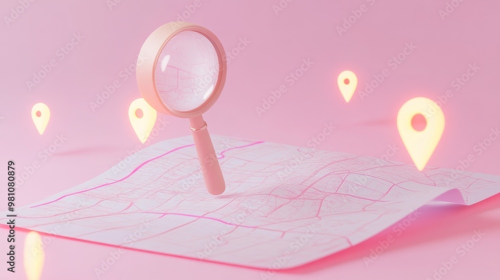Poster a magnifying glass is placed over a map with location pins, symbolizing exploration and navigation.