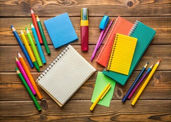 Colorful array of study essentials, including vibrant flashcards, neatly stacked notebooks, and assorted pens, arranged on a clean wooden desk background.