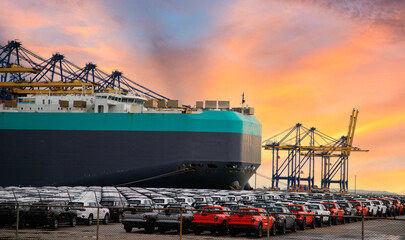 Close up vehicle carrier vessel loading car for shipping to worldwide, Large RoRo (Roll on off)...