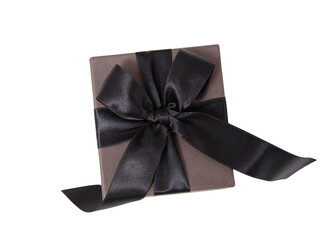 Black Friday Sale. Gift box with black ribbon bow isolated on white transparent, top view