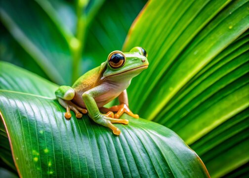 Vibrant green tropical leaf with tiny coqui frog perched on a delicate stem, surrounded by lush rainforest foliage