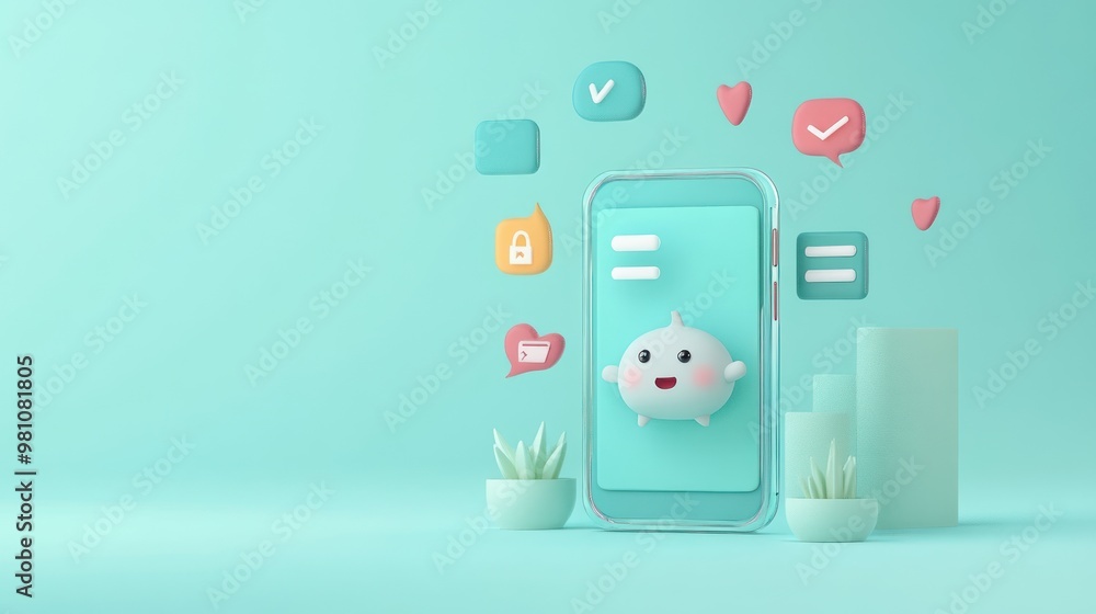 Poster a playful mobile interface featuring a smiling character and colorful icons on a mint background.