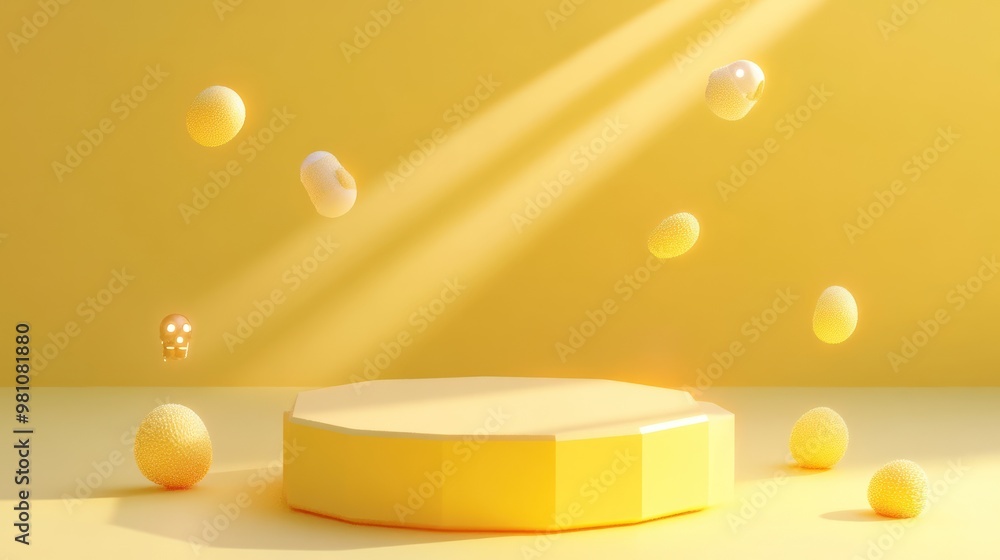 Poster A minimalistic yellow scene featuring floating shapes and a central platform.