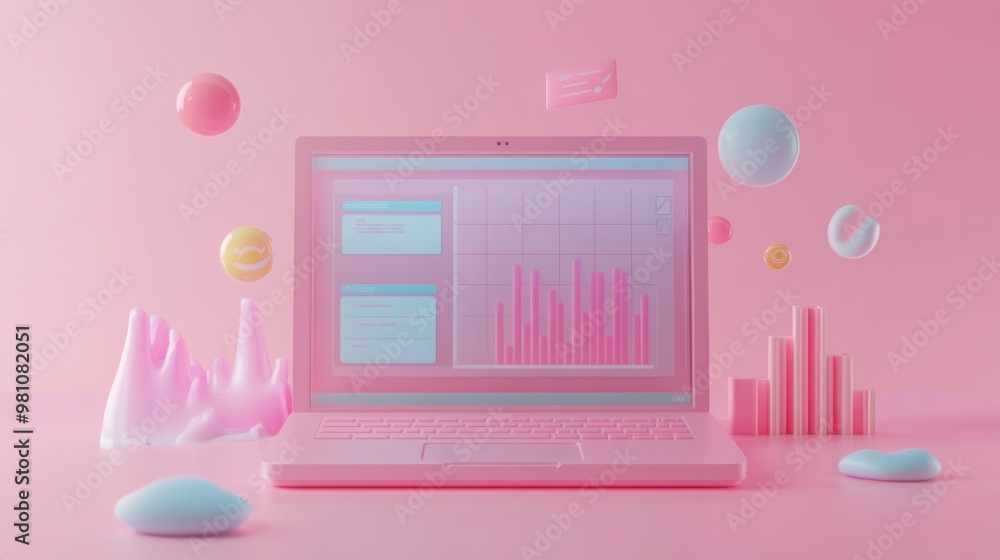 Aufkleber a pastel pink laptop displaying data visualizations with colorful abstract shapes around it.