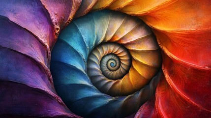 Fototapeta premium Psychedelic swirl of seashells in a perfect spiral, vivid, trippy colors, sandy texture, abstract, digital painting, high-contrast lighting, bold and bright