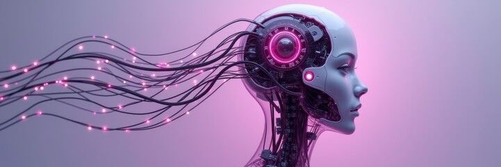 Fototapeta premium A futuristic robotic head with intricate circuitry and glowing elements, symbolizing advanced technology and artificial intelligence in modern design.