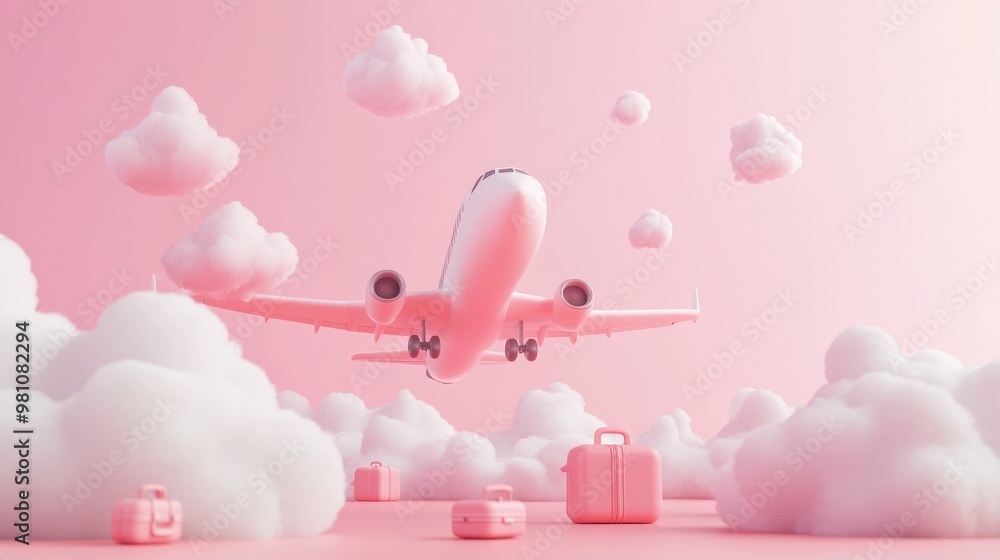 Sticker A whimsical scene of a pink airplane flying through fluffy clouds with luggage below.