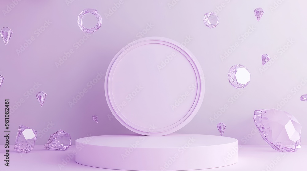 Poster a minimalist display with a purple background and floating gems, ideal for product showcasing.