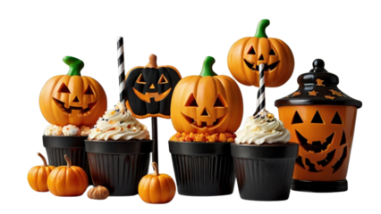 Halloween pumpkin and jack-o'-lantern surrounded by pumpkins