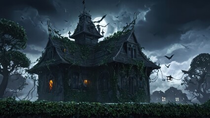 Obraz premium A haunted Victorian mansion looms under the full moon, surrounded by eerie fog and dead trees, casting a chilling atmosphere perfect for a spooky Halloween night