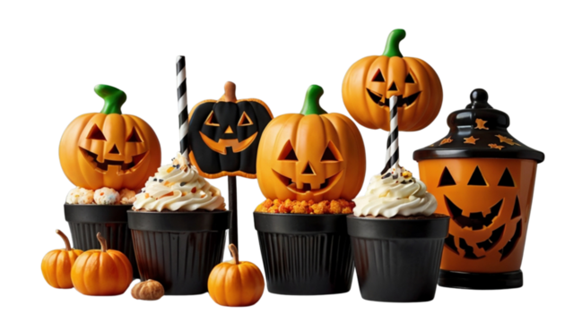 Halloween pumpkin and jack-o'-lantern surrounded by pumpkins