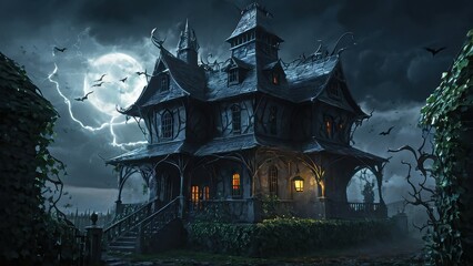 Fototapeta premium A haunted Victorian mansion looms under the full moon, surrounded by eerie fog and dead trees, casting a chilling atmosphere perfect for a spooky Halloween night