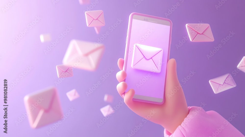 Poster a hand holding a smartphone displaying an envelope icon against a gradient background.