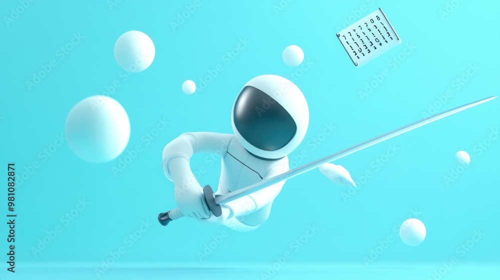 Sticker A stylized figure in a spacesuit wields a sword amidst floating spheres and a paper.