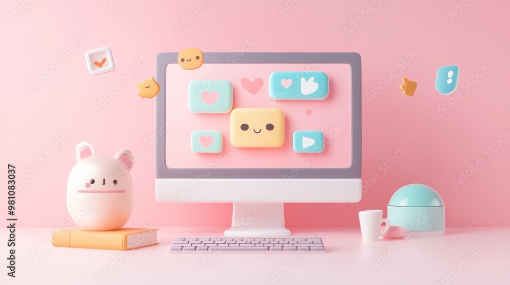 Aufkleber a playful computer setup with cute icons and pastel colors, emphasizing digital interaction.
