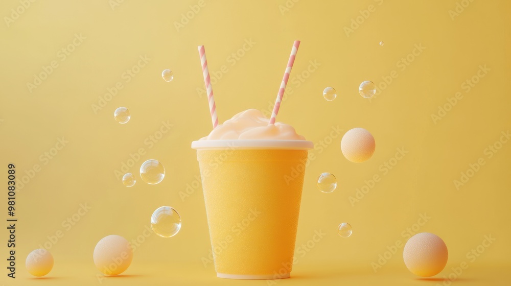 Aufkleber a vibrant yellow drink with two straws and floating bubbles, creating a fun, refreshing vibe.