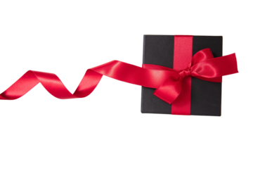 Black Friday Sale. Black gift box with red ribbon bow isolated on white transparent, top view