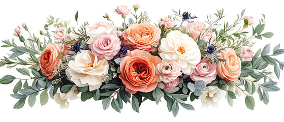 Beautiful floral arrangement featuring various roses and greenery, perfect for weddings, events, and home decor.