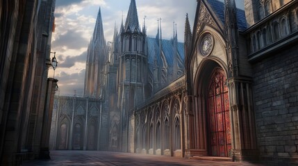 Fototapeta premium Majestic Gothic Cathedral with Towering Spires and Intricate Stone Carvings in Misty Medieval Cityscape