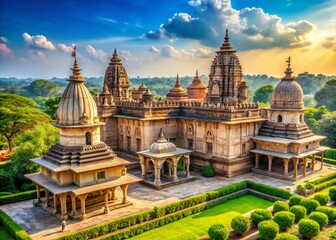Fototapeta premium Vibrant Hindu temple complex with majestic architecture, intricate carvings, and ornate pillars, set amidst lush green