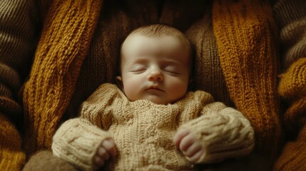 Widescreen medium shot of a newborn nestled in their parent's arms the scene evoking a sense of serenity and reverence