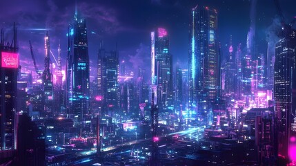 Obraz premium Futuristic Cyberpunk Inspired Neon Lit Cityscape with Advanced Robotics and Autonomous Machinery