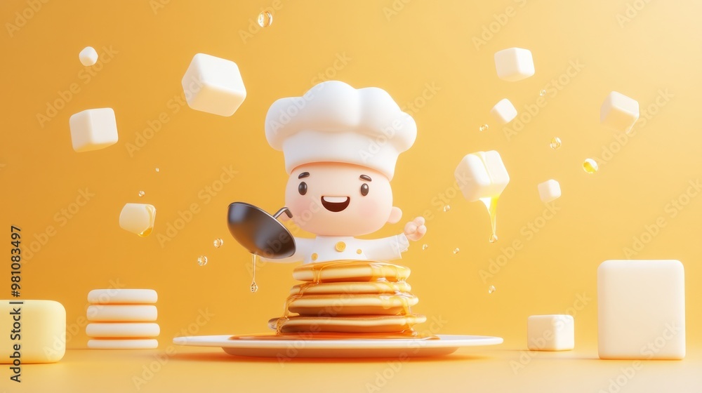 Sticker A cheerful chef character pouring syrup over a stack of pancakes with butter cubes around.