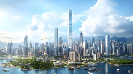 Obraz premium Expansive Cityscape Showcasing Towering Skyscrapers and Dynamic Construction Developments
