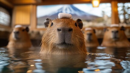 Relaxing capybaras enjoying a serene hot spring with Mount Fuji backdrop in Japan