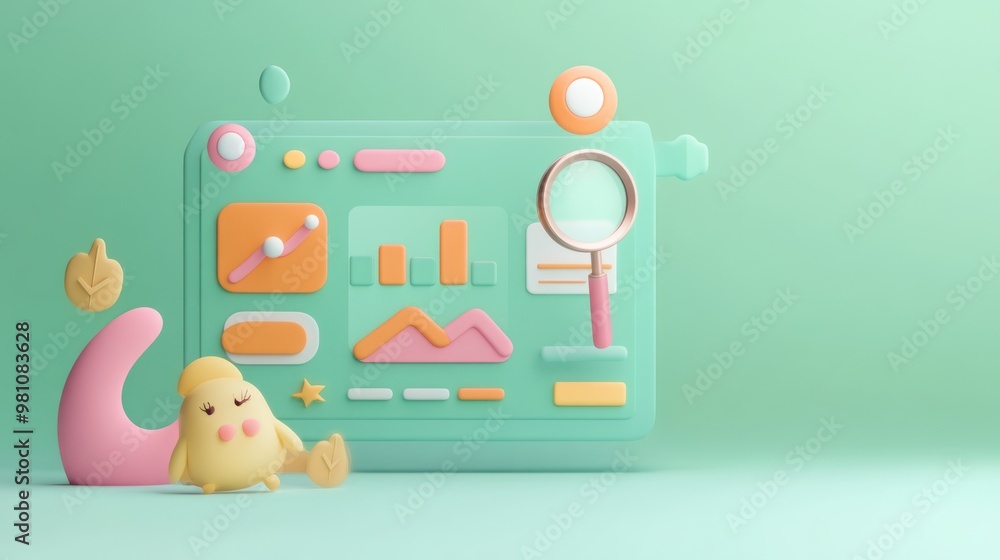 Poster a playful 3d illustration featuring a cute character and a colorful data dashboard.
