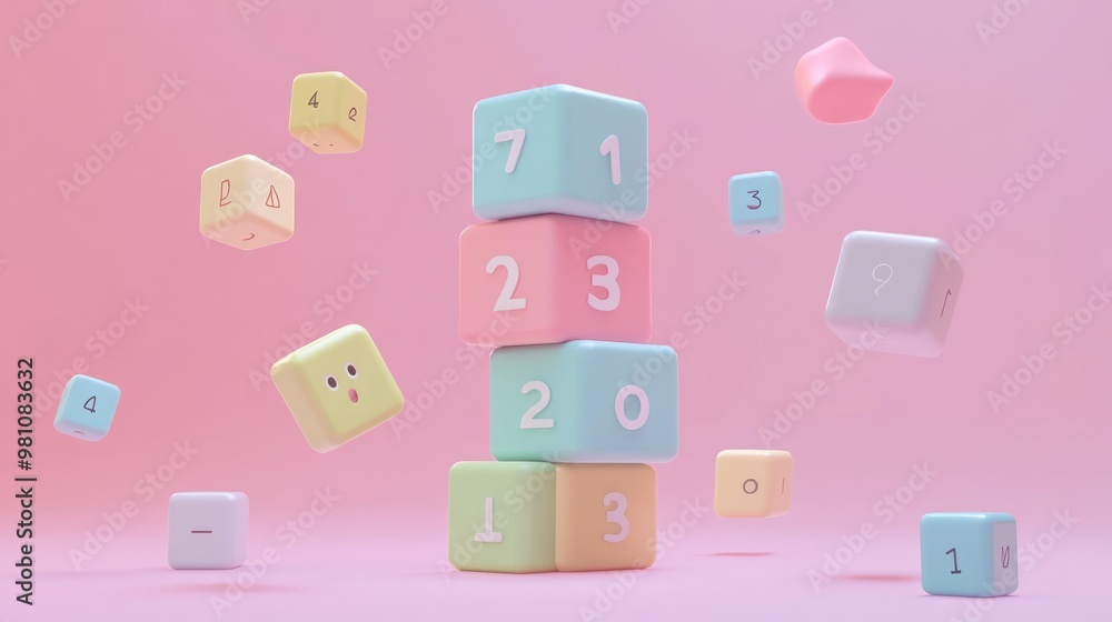 Poster a playful arrangement of colorful blocks displaying numbers in a whimsical setting.
