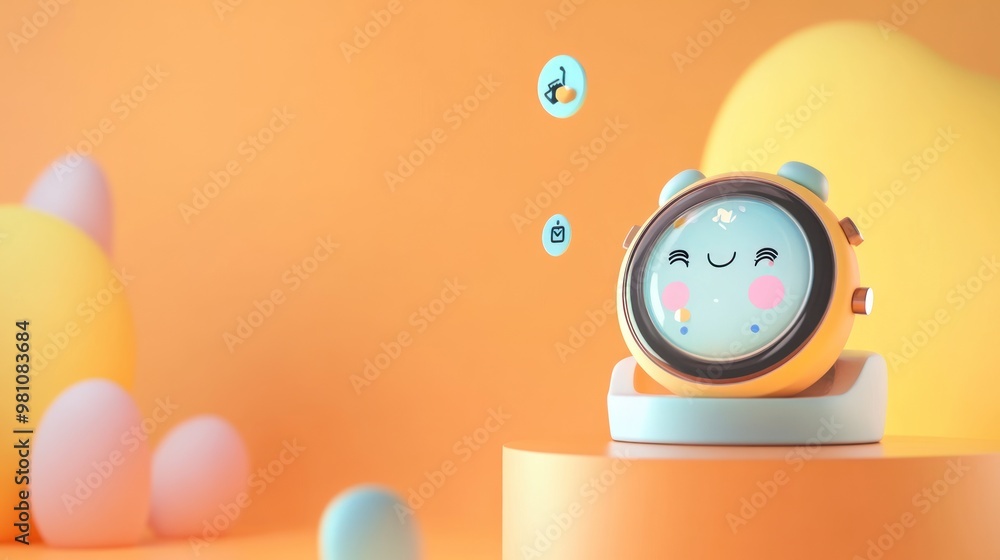 Poster a cheerful alarm clock on a colorful background, designed for a playful atmosphere.