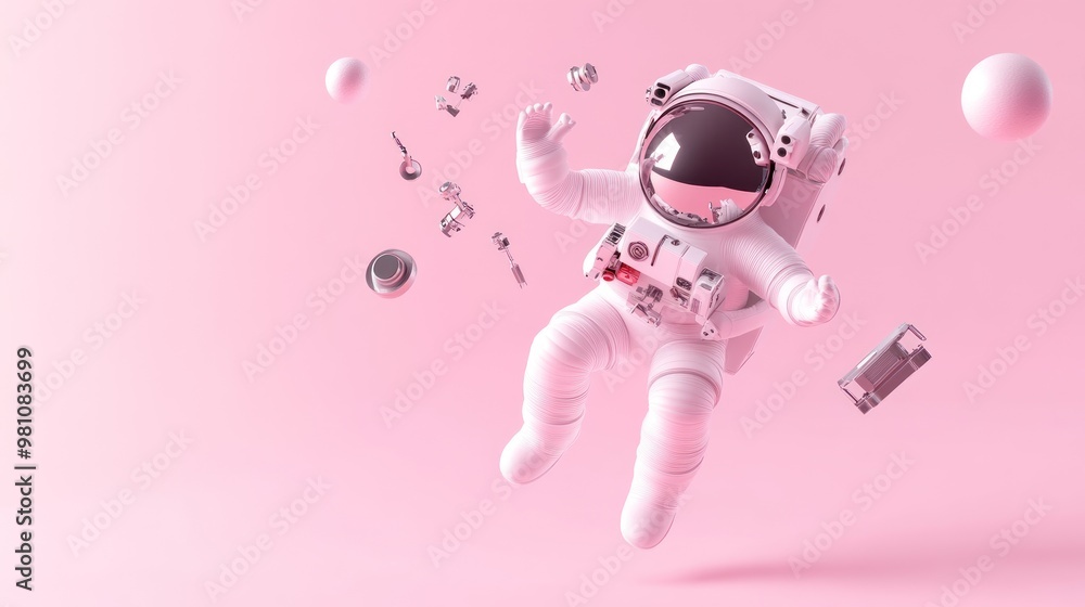 Poster a whimsical astronaut floats in a pink space, surrounded by various floating objects.