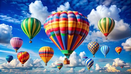 Fototapeta premium Vibrant hot air balloons soar towards a brilliant blue sky, radiating a sense of freedom and limitless possibilities