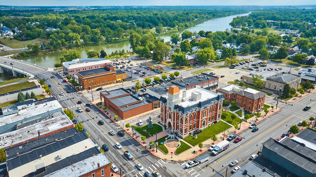 Aerial View of Historic Courthouse and River in Small Town Ohio