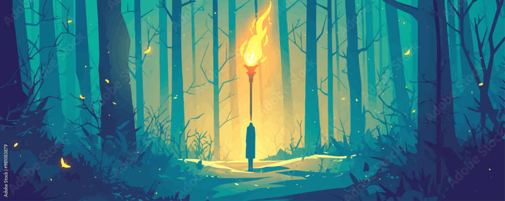 Poster flaming torch illuminating a mysterious path. vector flat minimalistic isolated illustration.