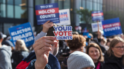Fototapeta premium Your vote counts! This image captures vibrant scene of crowd holding signs advocating for voter participation and importance of elections. atmosphere is filled with energy and determination